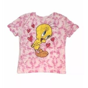 Looney Tunes Womens Tweety Bird Valentines Day Tee Size S Pink Tie Dye Distress